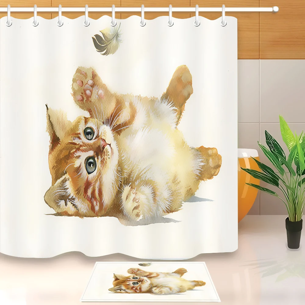 LB акварель Custom Animal милый котенок кошка и перо белая занавеска для душа с ковриком