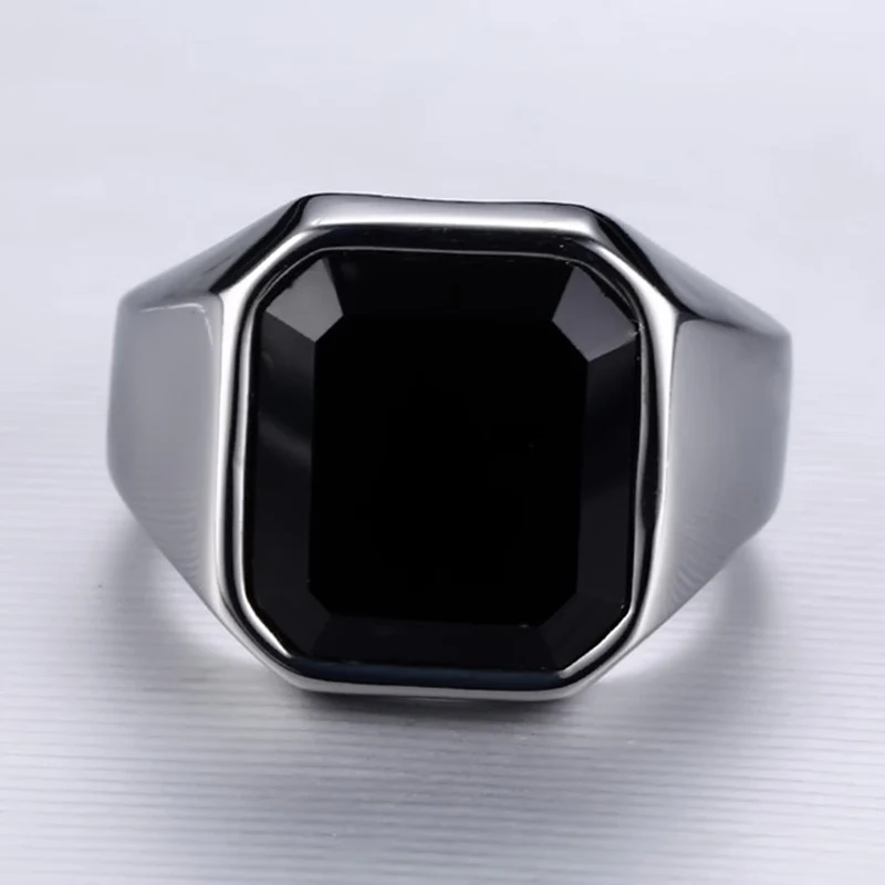 Vintage Men Rock Punk Biker Jewelry Anillos Black Stone Stainless Steel Man Ring Bijoux Simple Square Cocktail bague | Украшения и
