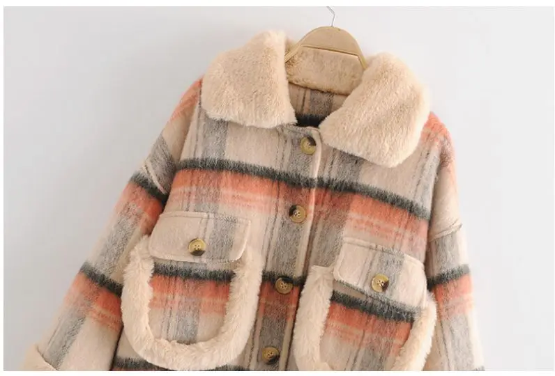 HCBLESS 2018 зима для женщин меховой воротник карман шерстяная клетчатая куртка