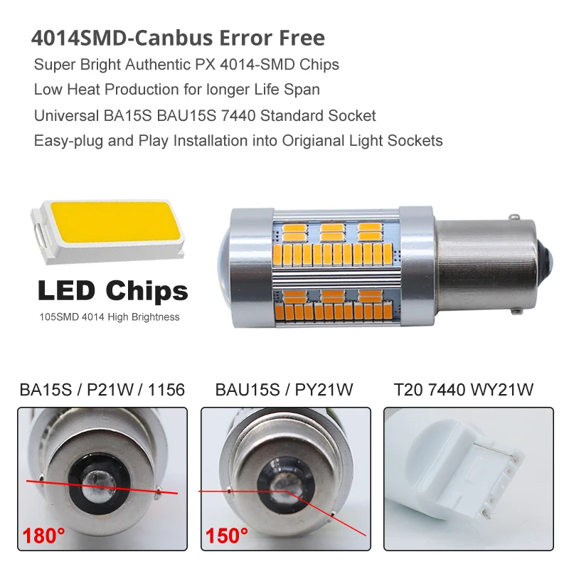 SO. K 2 шт. 1156 BAU15S PY21W светодиодный 4014 SMD 105 светодиодный лампы янтарно-желтого цвета для авто автомобиля Лампа сигнала поворота обратный светильник без гипервспышки