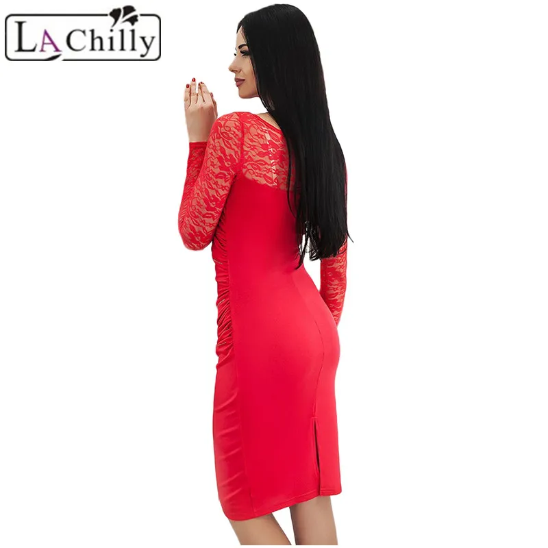 La chilly sukienka Vestido миди пикантные красные черные Кружево с длинным рукавом Вышивка