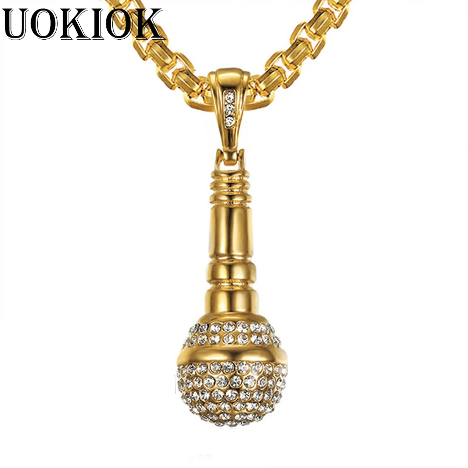 Хип хоп Iced Out Bling кулон микрофон ожерелье для мужчин золотой цвет нержавеющая