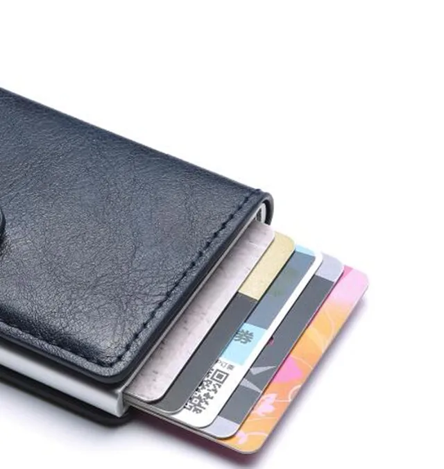 1208Blue with Hasp Мужской держатель для Карт RFID алюминиевый сплав кредитный держатель для карт НОВЕЙШИЙ МЕТАЛЛИЧЕСКИЙ кожаный бумажник Противоугонный мужской автоматический Чехол для карт - Цвет: 1208Blue with Hasp