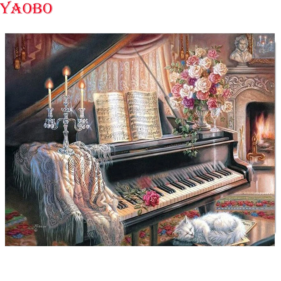 5d diy Алмазная картина пианино цветок кошка полный квадрат/круглая дрель вышивка