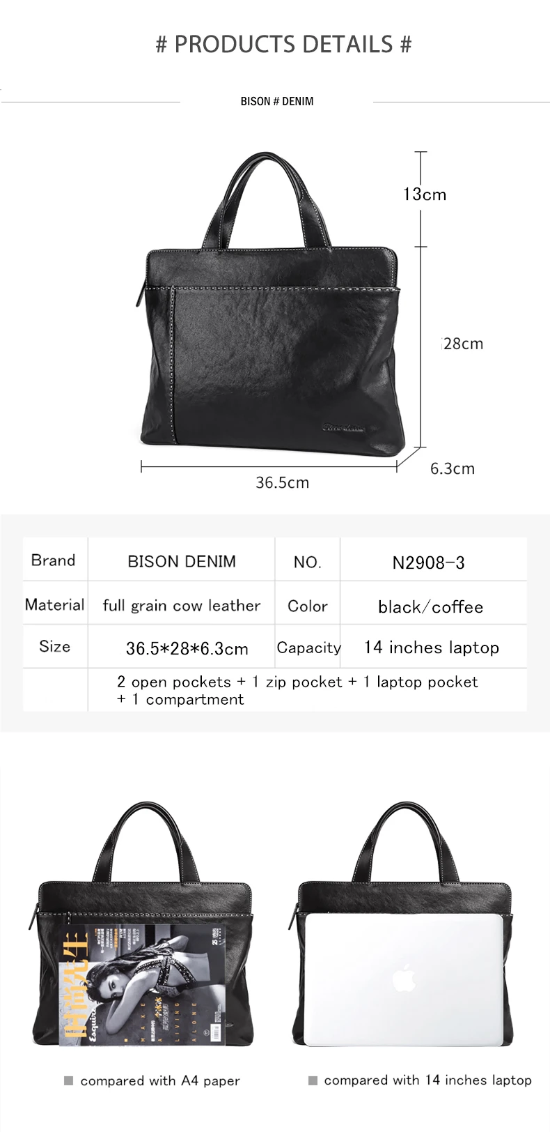 BISON DENIM, натуральная кожа, мужская сумка, 14 дюймов, сумка для ноутбука, высокое качество, мужская деловая сумка с верхней ручкой, роскошный портфель, N2908-3