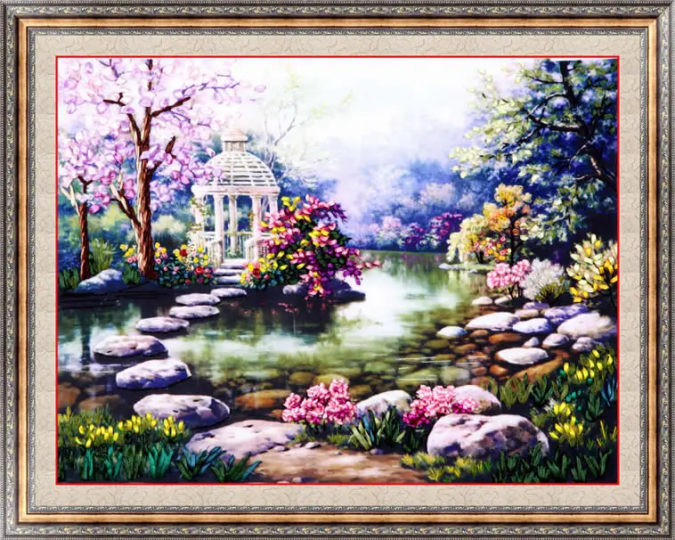 

Needlework,DIY Ribbon Cross stitch Sets for Embroidery kit,Garden Lake Flowers landscape bands embroidery wall wedding gift