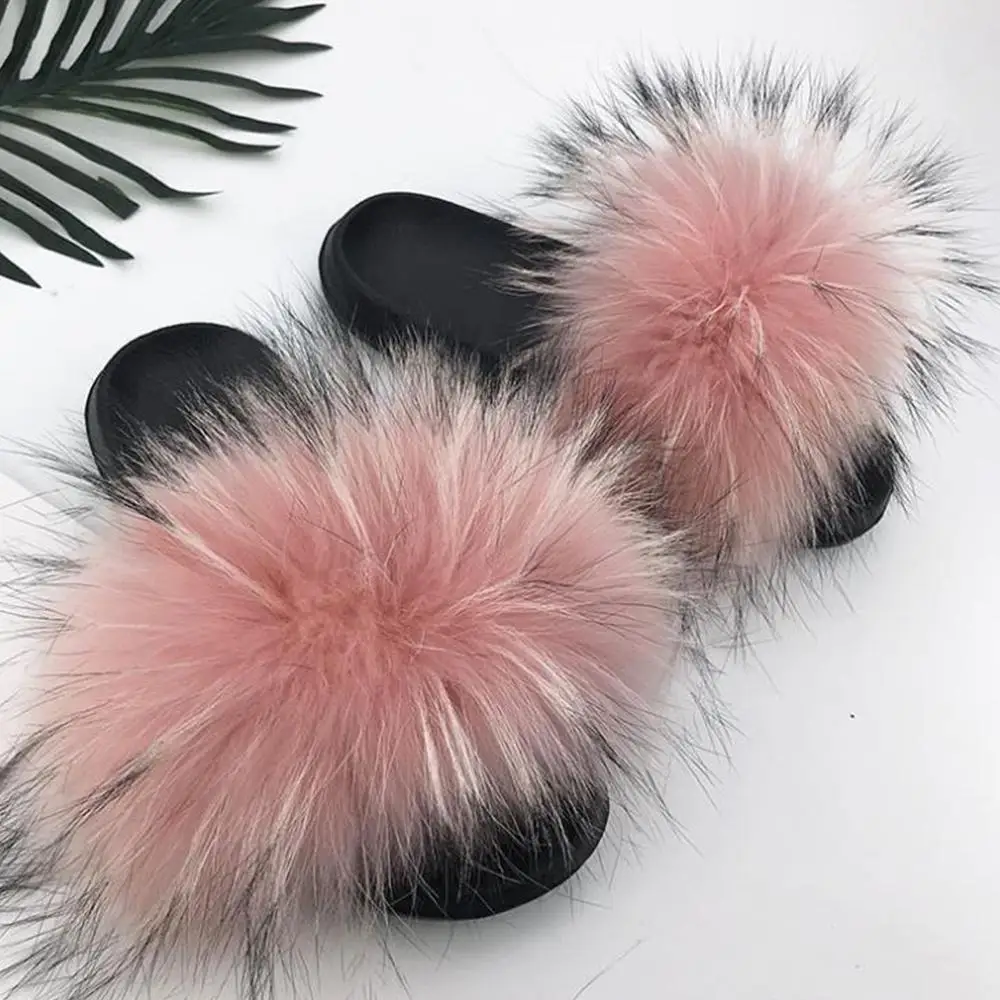 pink 2 Женские тапочки с натуральным мехом енота; коллекция года; повседневные пушистые домашние шлепанцы на плоской подошве из лисьего меха; сезон лето; большие размеры 45 - Цвет: pink 2
