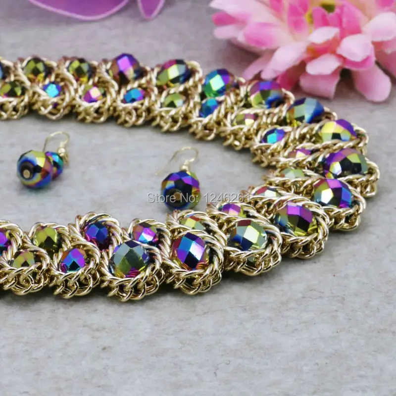 Комплект из колье и серёг с разноцветными хрустальными бусинами 18 дюймов |