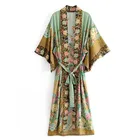 Женское длинное кимоно с цветочным принтом, этническое богемное кимоно с V-образным вырезом, длинный кардиган на завязках с поясом, свободная блузка, 2018