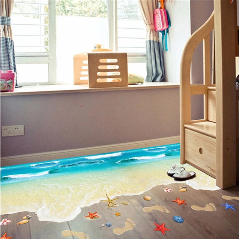 

3D Summer Cool Sandy Beach Floor Wall Stickers Shell Foot Diy Sticker For Livingroom Bathroom Kitchen Indoor Non-Slip Poster