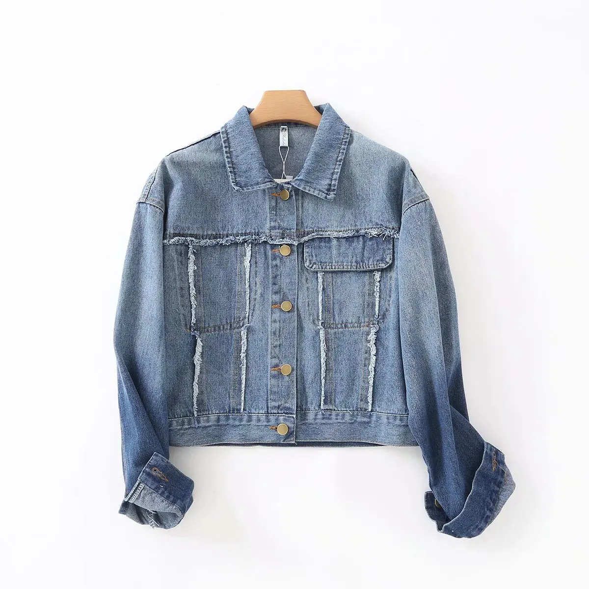 High quality 2020 spring and autumn contrast color sleeve lapel broken denim jacket | Женская одежда