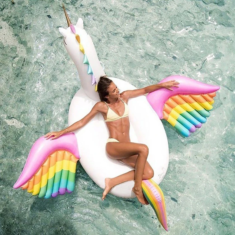 

250cm Inflatable Rainbow Pegasus Unicorn Horse Pool Float Colorful Air Floating Mattress Bed Swimming Ring Outdoor Sport Ride-on