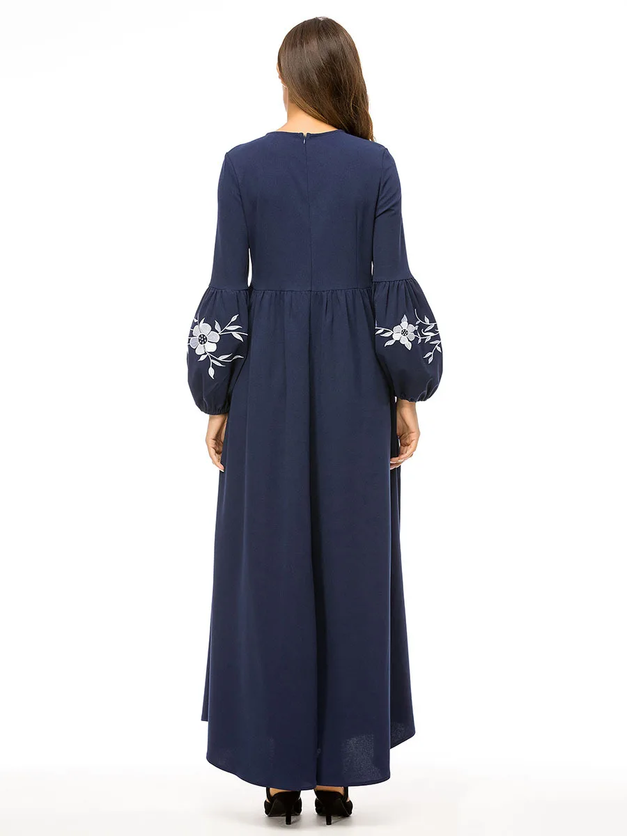 Дубай Абая для женщин темно-синий цветочный принт мусульманское платье кафтан в - Фото №1