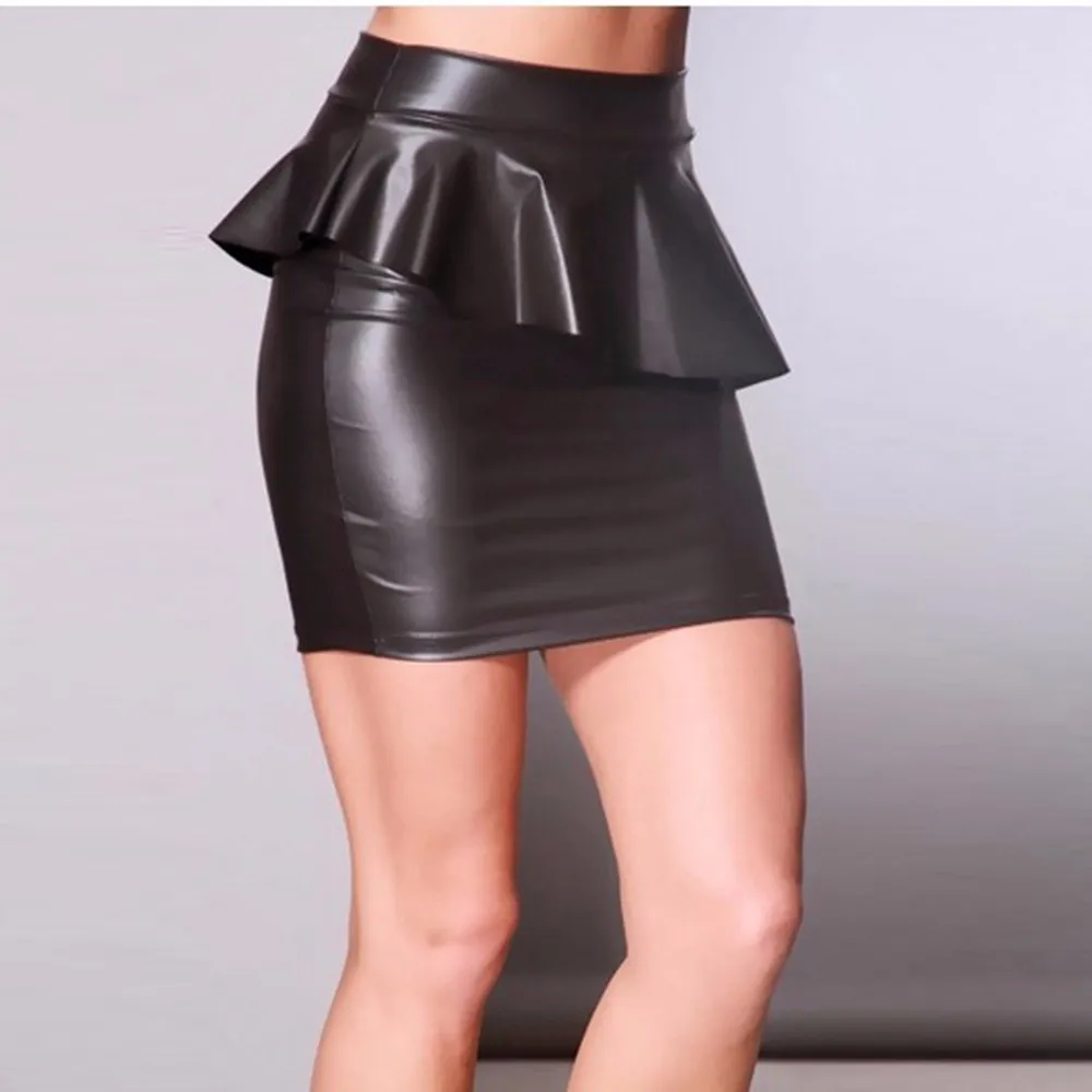 Женская юбка карандаш из ПУ кожи с баской|skirt vinyl|leather skirtfashion mini skirt |