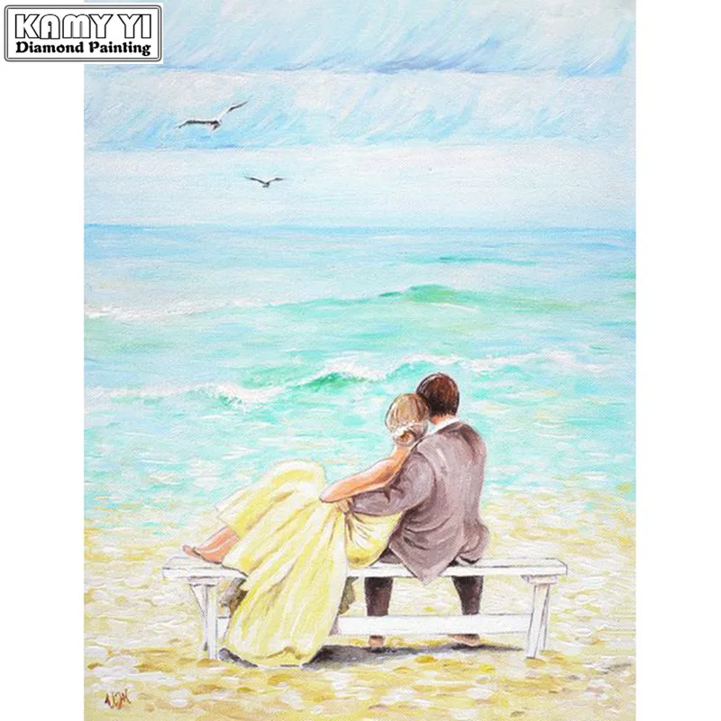 

Алмазная вышивка 5D "сделай сам", вышивка крестиком, пара у побережья, квадратная/круглая Алмазная мозаика, алмазная живопись, украшение HYY