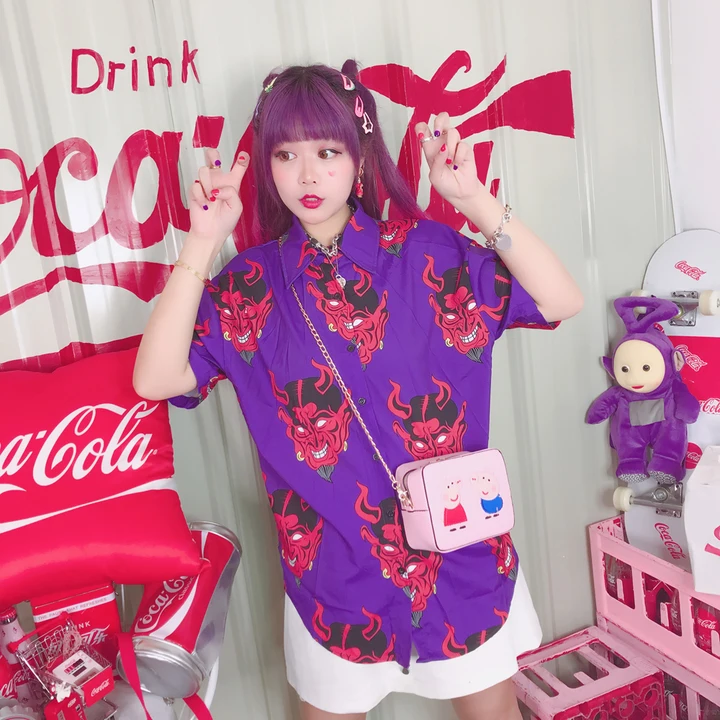 Ulzzang летняя шифоновая Женская свободная рубашка с коротким рукавом и принтом
