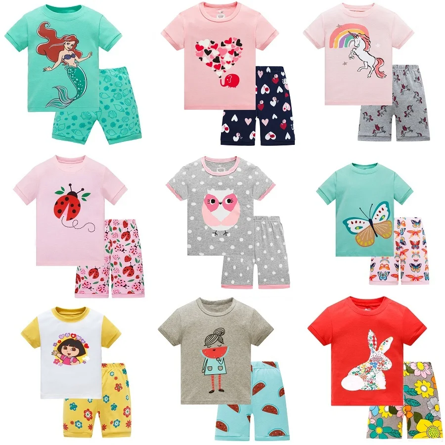 Детский пижамный комплект, летняя Детская Хлопковая пижама с коротким рукавом, пижама для девочек с мультяшным рисунком, милая домашняя оде...