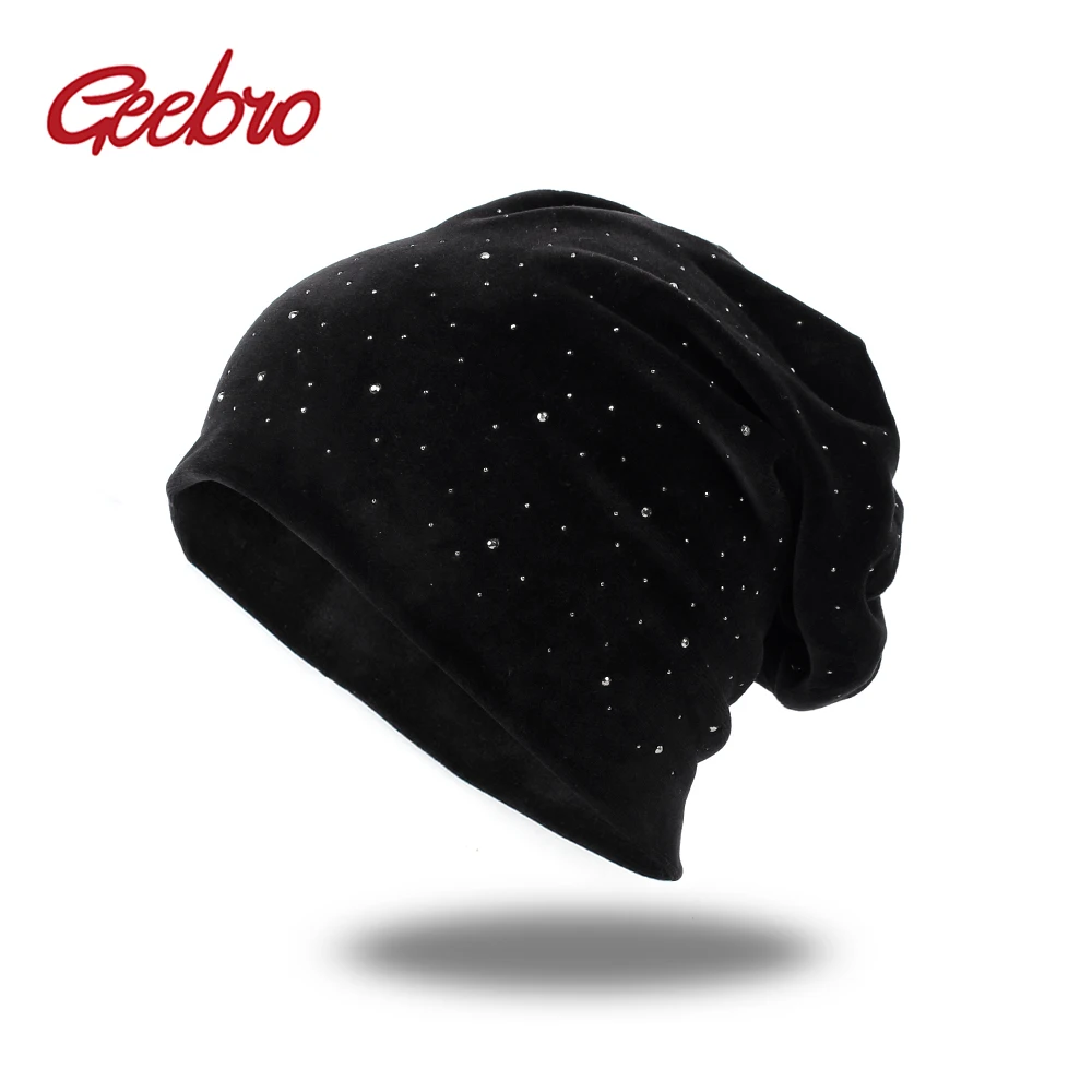 Geebro Новая женская шапка Стразы зимняя теплая для женщин девочек хлопковые шапки