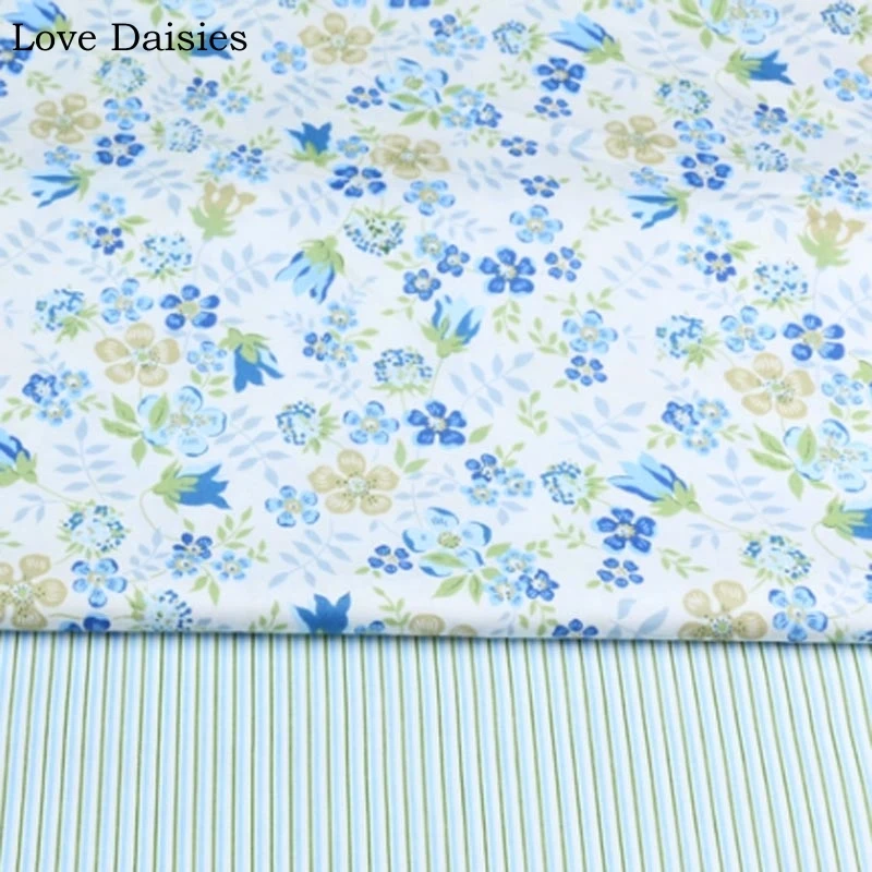 100% хлопок Twill Ткань Розовый Фуксия Синий маленькие цветы полоса ткань для DIY