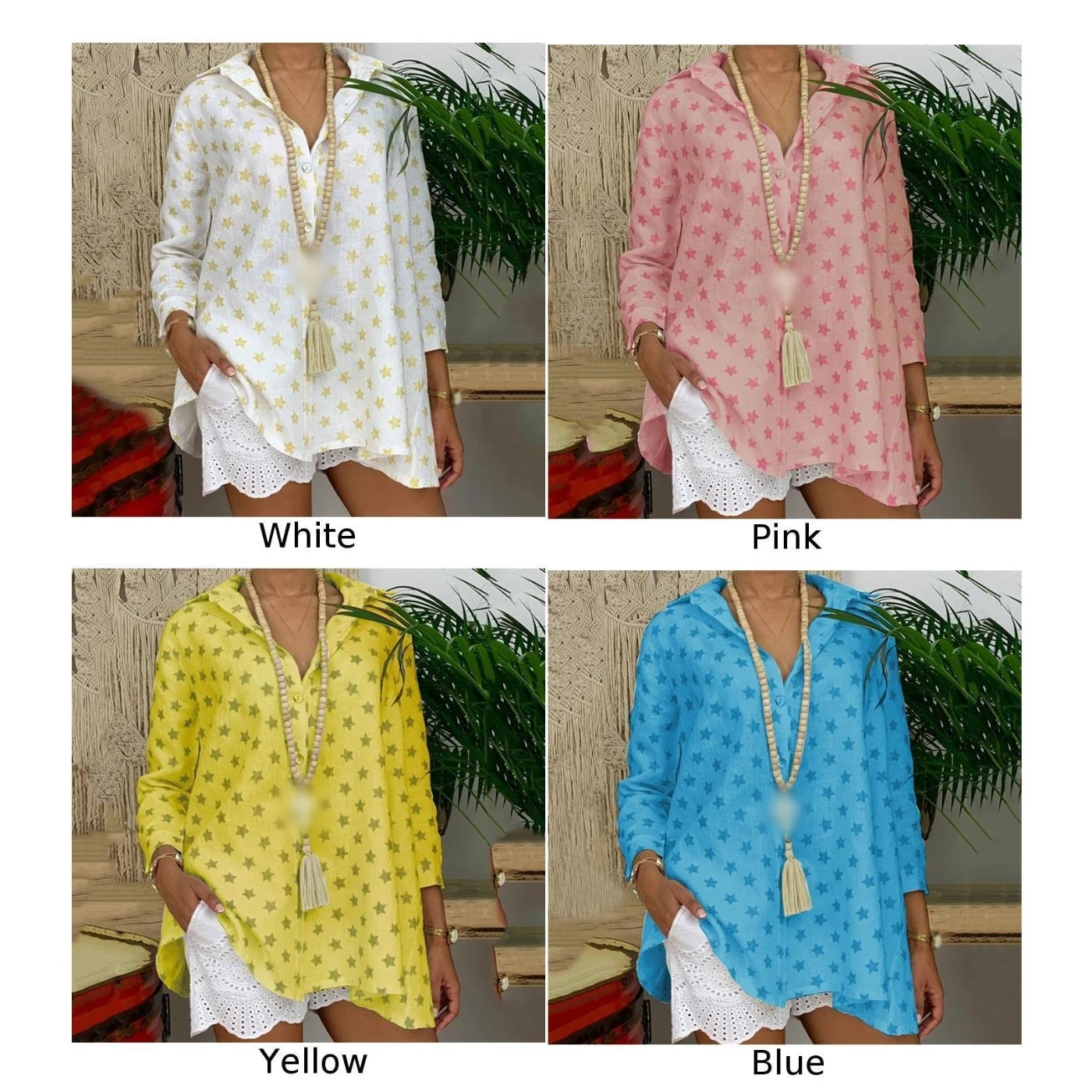 Women Tops Ladies Blouse Beach Boho Fashion Button Down Shirt Lapel Collar Tee Printed Tunic Loose Casual Baggy |