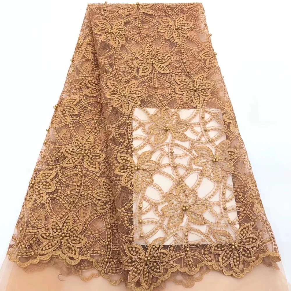 Peach 3D Lace Fabric 2019 Latest French Nigerian Laces High Quality African Beads For Wedding Dress 5yards | Дом и сад