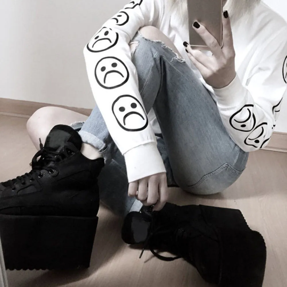 Осенние Топы, забавные свитшоты с принтом Sad Faces и смайликами, толстовки Kpop Harajuku, женская одежда, свободные кавайные топы, толстовки