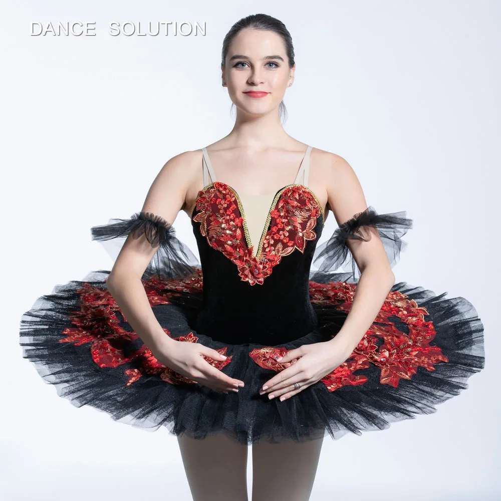 BLL086 Black Velvet Bodice with Red Applique Pre-professional Ballet Costumes Girl and Woman Stage Dancewear Pancake Tutu | Тематическая