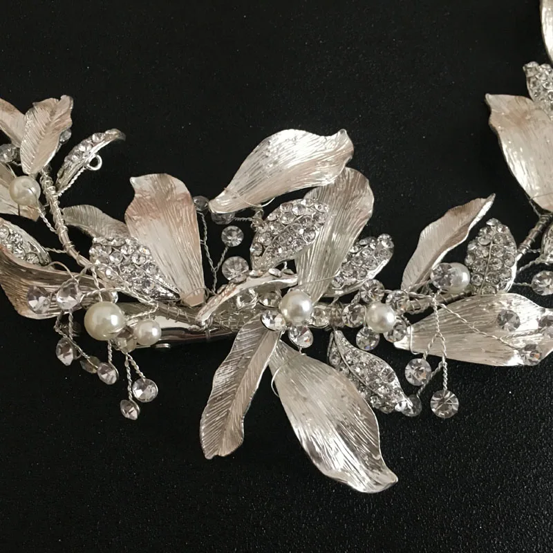 SLBRIDAL ручной работы серебряные Австрийские кристаллы, стразы цветок лист Свадебная заколка заколки Свадебные аксессуары для головных уборов