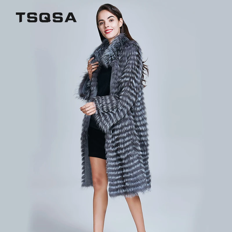 TSQSA Настоящее Silver Fox Шубы Женщин Длинный Тонкий Зима Натуральная Меховая Куртка