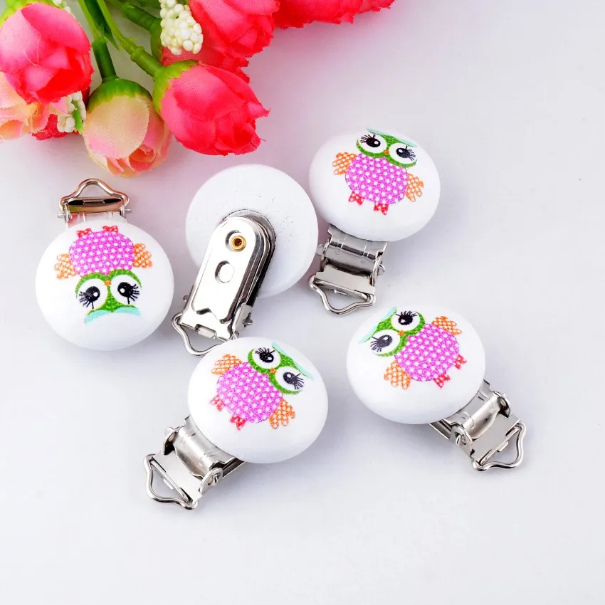 5 шт. детские соски с зажимами смешанные животные Рисунок совы белые деревянные