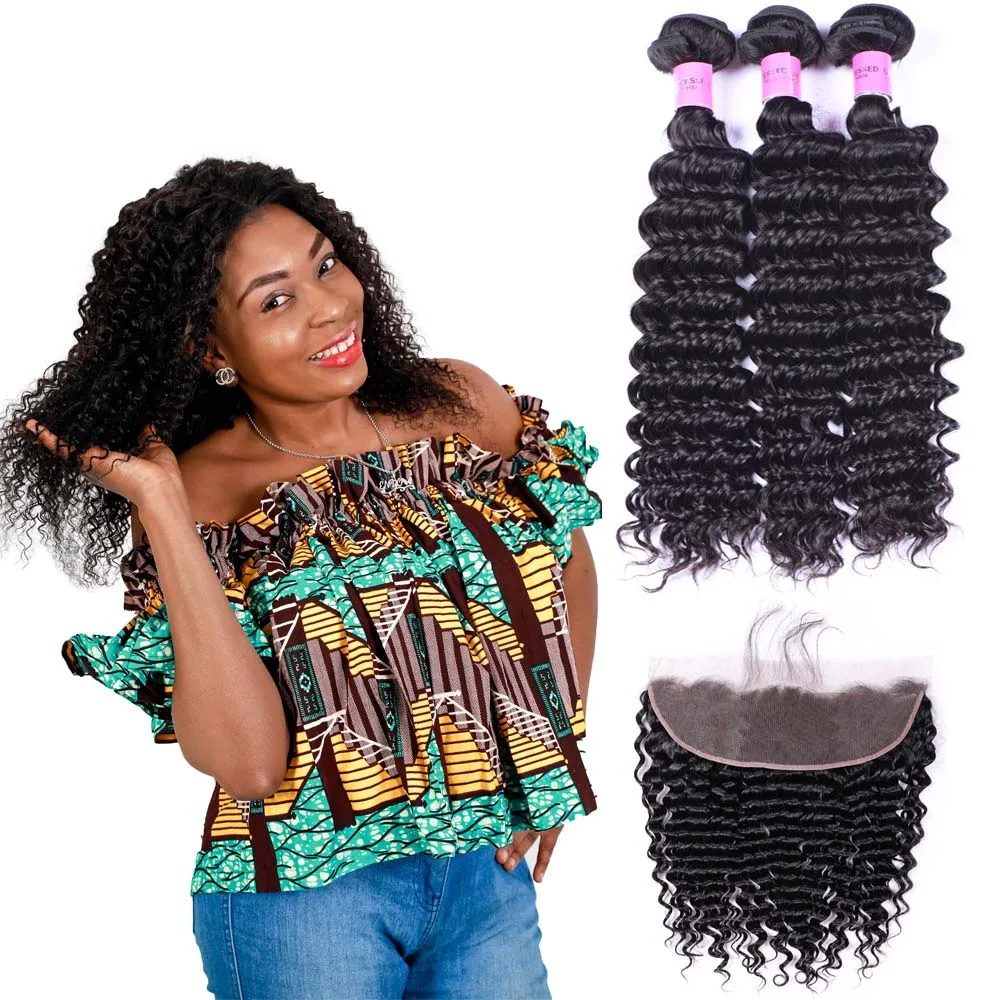 Глубокая волна пучки волос с закрытием 2/3/4 пучка человеческие волосы сотканые 13x4