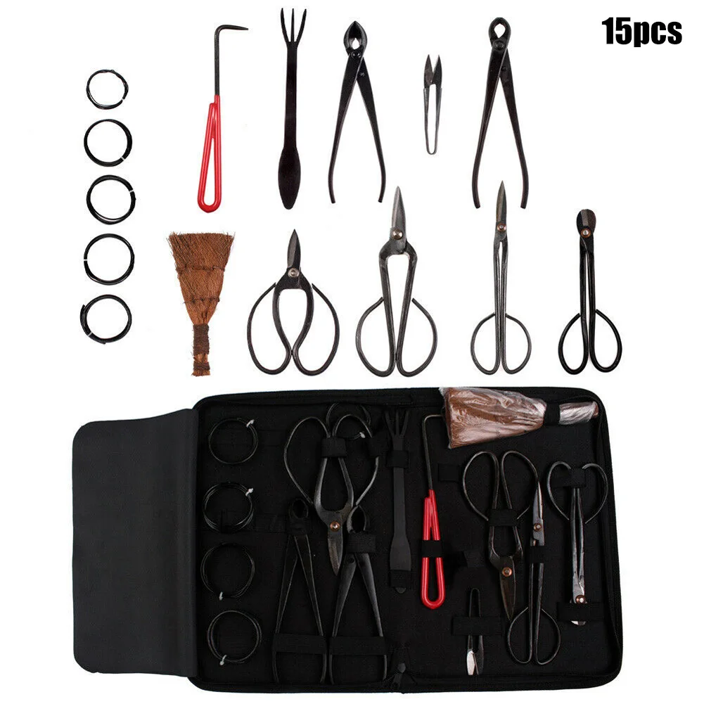 

15pcs bonsai carbon steel tool set cutting scissors kit with nylon case for garden trimming tool WWO66