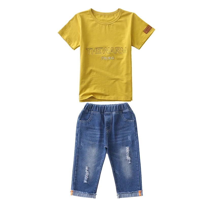 FYH Summer Kids Clothing Boys Short Sleeve T-shirt+Denim Pants Children Cotton T-shirt+Pants 2pcs School Clothes Suit 5-14Y |
