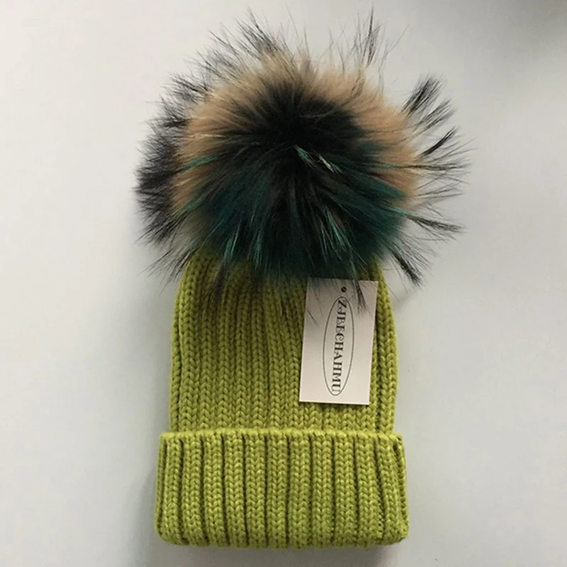 Women Green Модная новинка, помпоны из натурального Лисьего меха и норки, 15 см, Skullies Beanies, шапки для женщин и девочек, зимние шапки, детские шапки, шапка - Цвет: Women Green