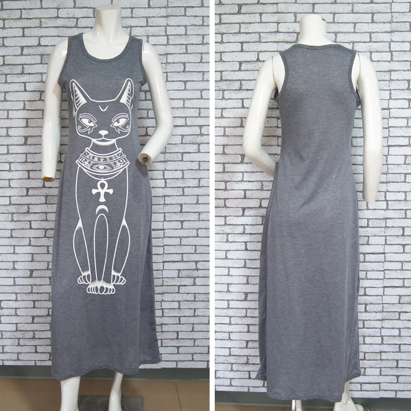 Rogi Summer Women Beach Dress Vintage Cat Print Bodycon Party Dresses Sexy Sleeveless Long Tank Boho Vestidos Largos Mujer | Женская