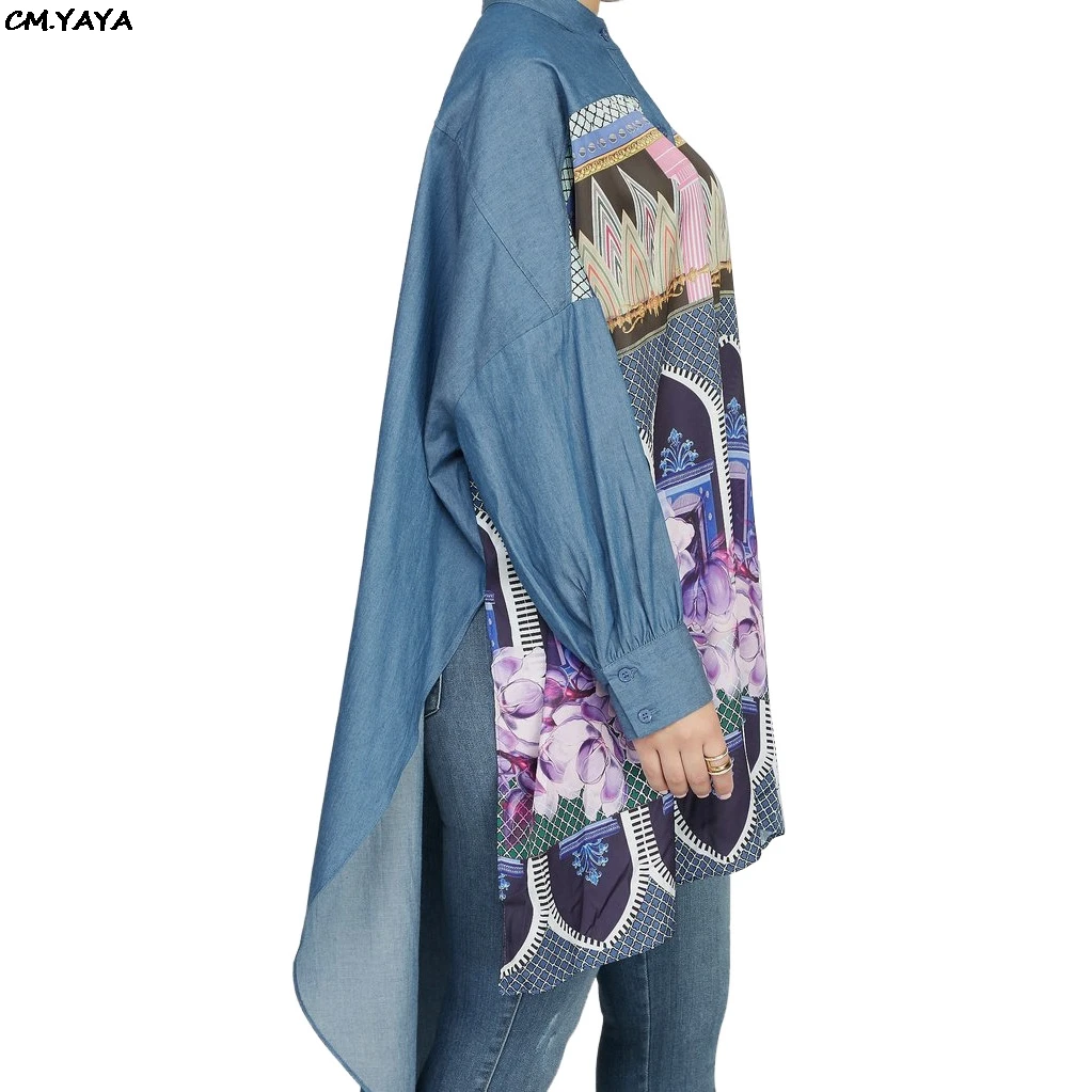 2019 women new summer vintage floral print long sleeve irregular hem loose blouse shirt dress fashion denim dresses GLSMR9318 | Женская