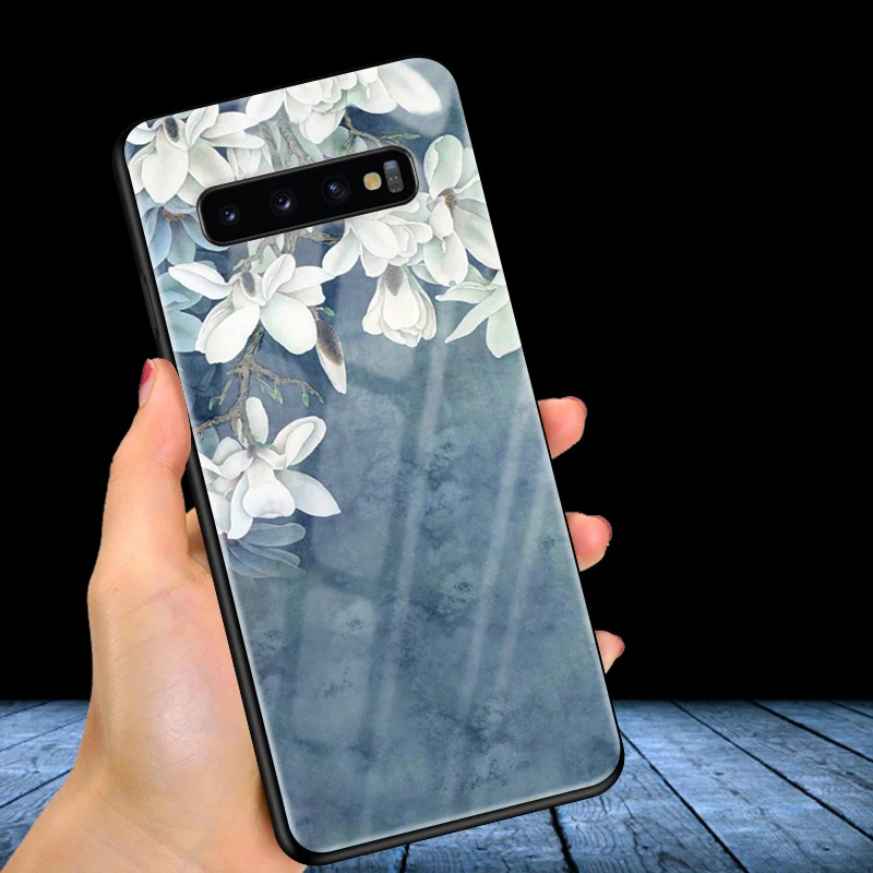 Чехол для Samsung S10 Plus стеклянный силиконовый бампер жесткая задняя крышка из