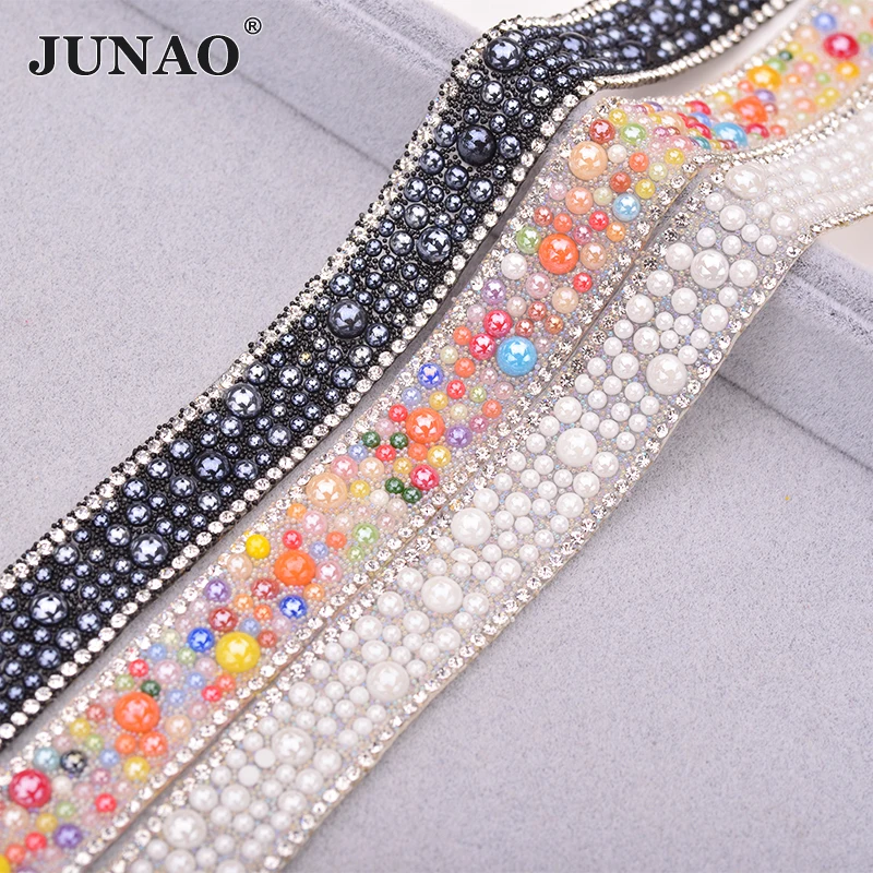 JUNAO 5Yard* 18 мм белая черная жемчужная лента исправление лента из страз окантовка стеклянные стразы аппликация с кристаллами ткань для платья ремесла