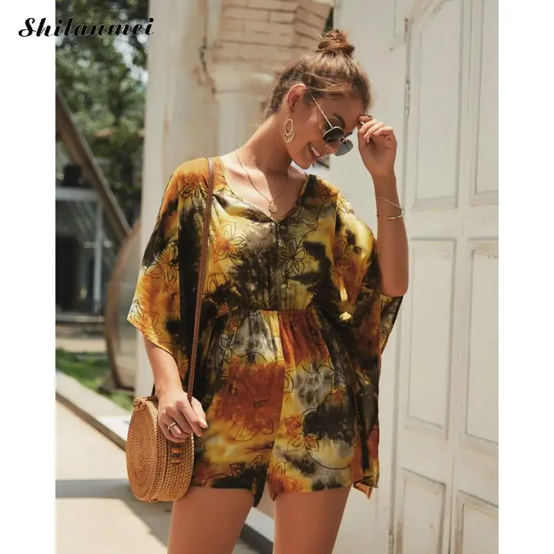

Hot Sale Retro Women Romper Deep V Neck Loose Korean Style Floral Print Short Pants Streetwear Fashion Trendy Bodysuits Romper