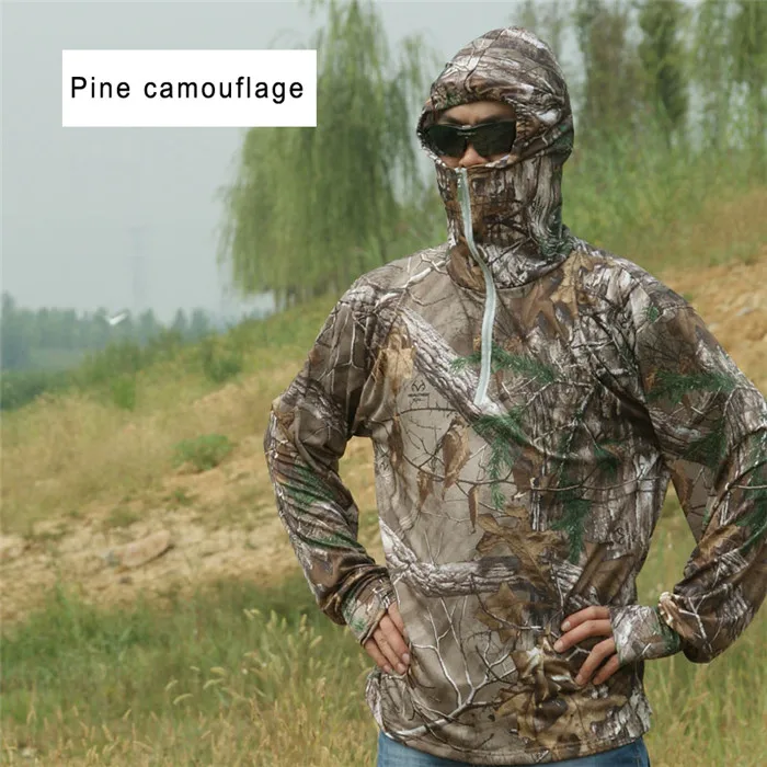 Pine camouflage Летняя и осенняя камуфляжная футболка с длинными рукавами и капюшоном с изображением бионического тростника или сосны; одежда для охоты; одежда с капюшоном для рыбалки - Цвет: Pine camouflage