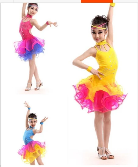 

New girl child costume 3 colors yellow blue pink rumba latin cha-cha dance dress tango sambaprofessiona 110-160cm performance