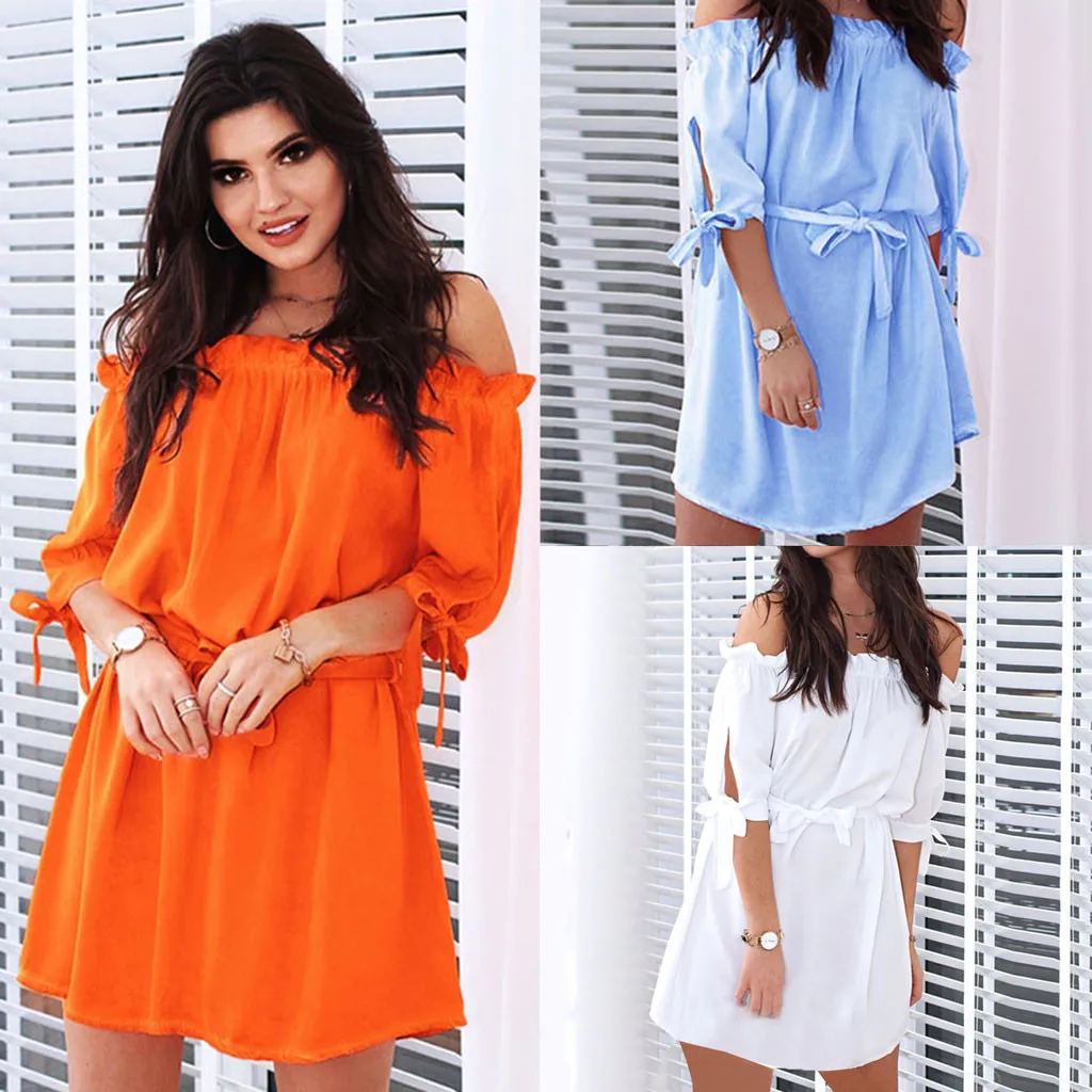 Женское однотонное мини платье с открытыми плечами цветочным воротником и