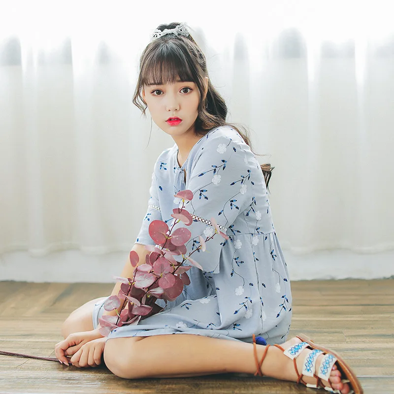 2020 женское Легкое свободное платье с цветочным принтом в японском стиле Harajuku Ulzzang