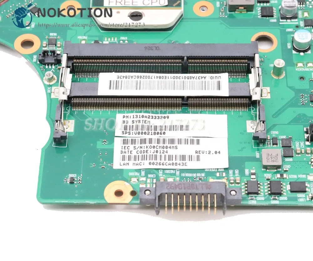 Материнская плата NOKOTION для ноутбука Toshiba Satellite L650D HD4200 DDR3 разъем S1 свободный