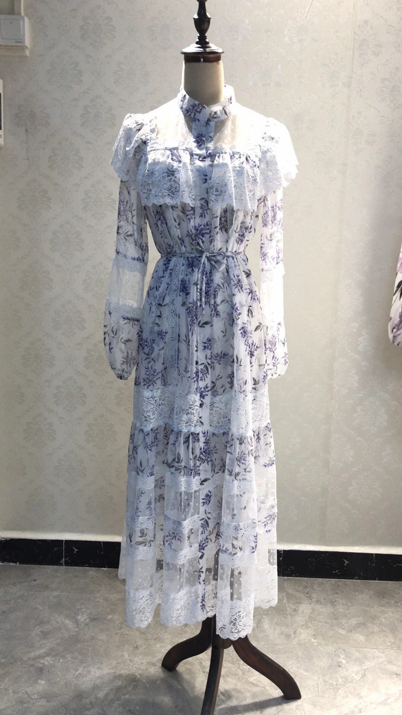ZIM Designer Runway Summer Dress Women 2019 Lace Patchwork Flower Printed Dresses Stand Neck Puff Sleeve Two Pieces Set | Женская одежда