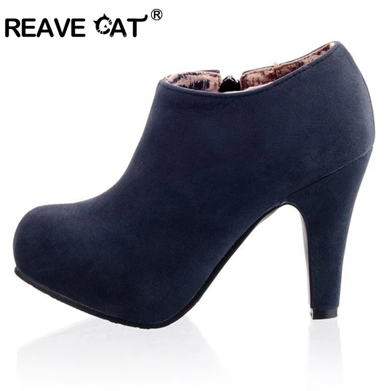 REAVE CAT/Большие размеры 32-45; женские ботильоны из искусственной замши; осенне-весенняя обувь; Каблук 10 см; на молнии; цвет черный, абрикосовый, синий; дизайнерская обувь; QL4259