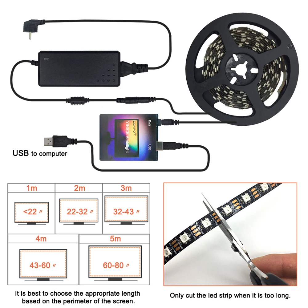 1 м/2 м/4 м/5 м комплект Ambilight WS2812B 5 в Светодиодная лента USB кабель питания лампа лента для ПК ТВ фоновое освещение экран мечты