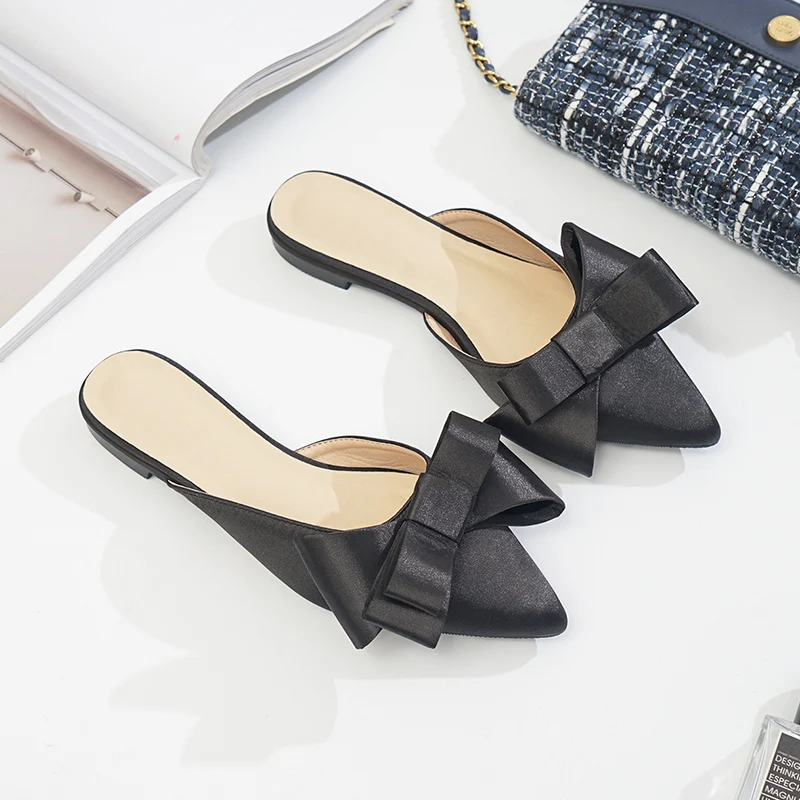 

Pointed toe half slippers Female summer fashion wear 2019 new Bow Low lazy flat bottom Sandals women's shoes