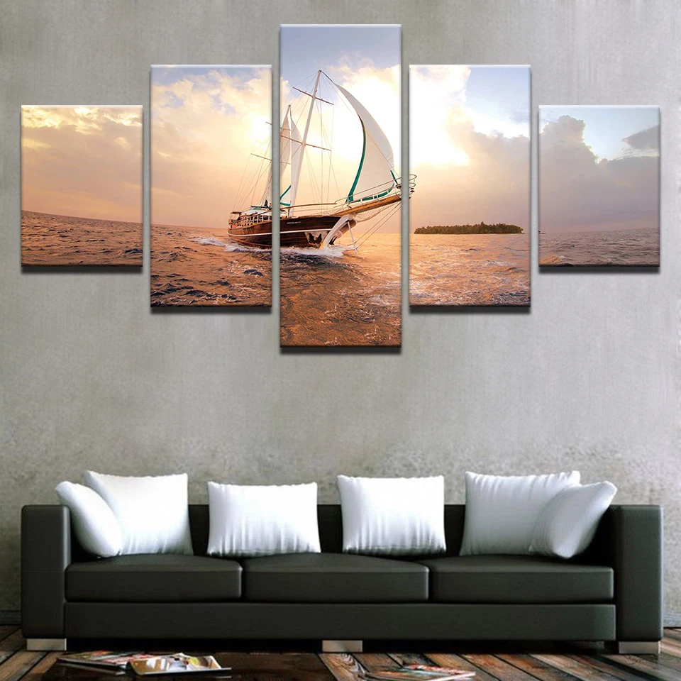 

HD Prints Pictures Modular Canvas Wall Art Framework 5 Pieces Sunset Sailboat Seascape Paintings Home Decor Boat Sailing Posters