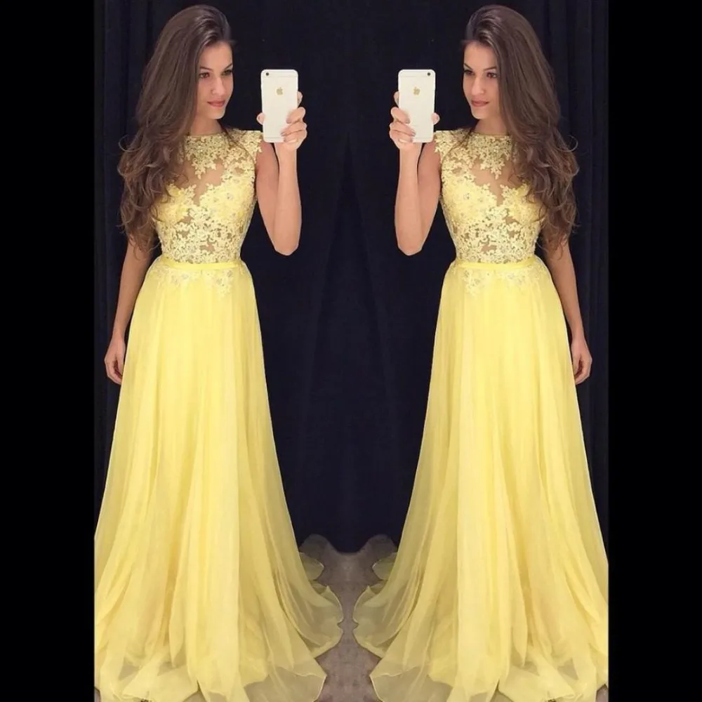 

Robe de soiree New Arrival Long Evening Dress O-Neck Sleeveless Floor Length A-Line Appliques Chiffon Prom Dresses 2017